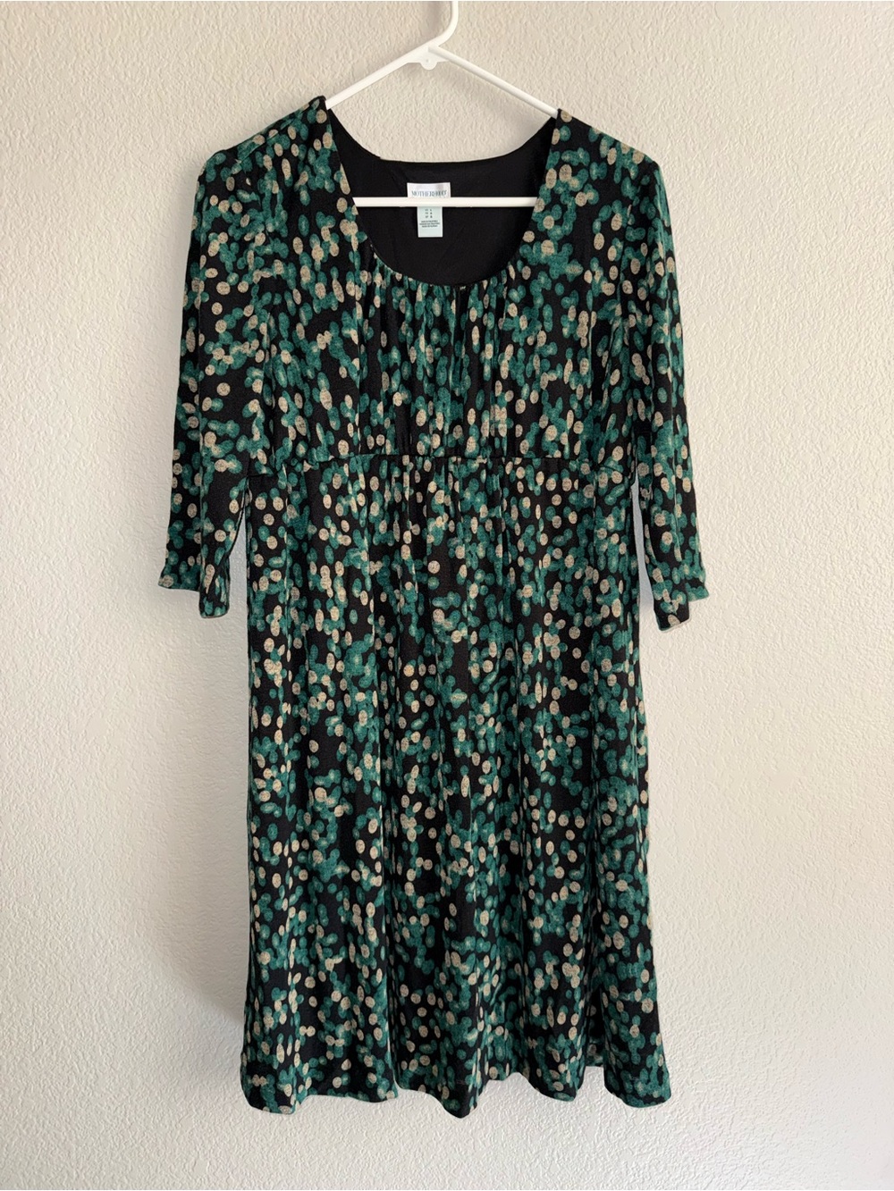 Motherhood Black Midi Dress with Green and Cream Dot Print